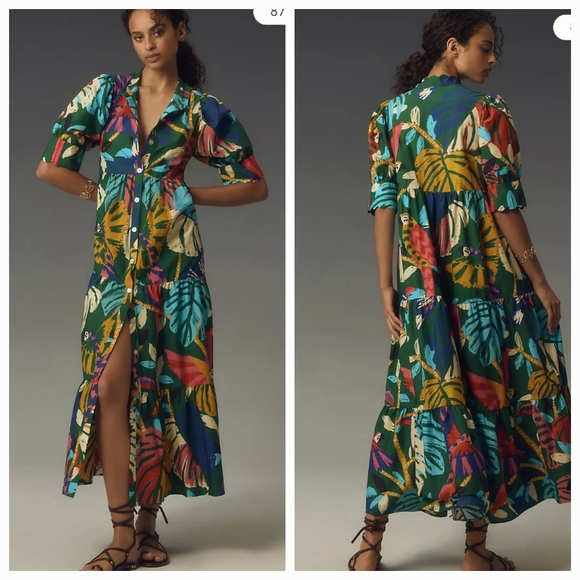FARM Rio Dresses & Skirts - FARM Rio Navy Multicolor Tropical-Print Button Maxi Dress